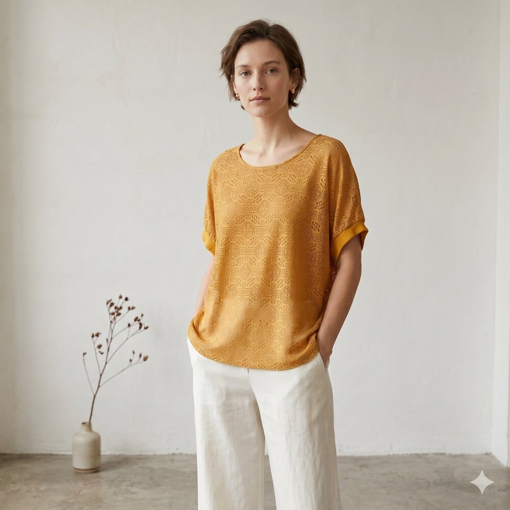 Akemi + Kin Mustard Yellow Lace Short Sleeve Sheer Top M/L P